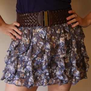 Floral purple mini skirt with brown belt (size M)